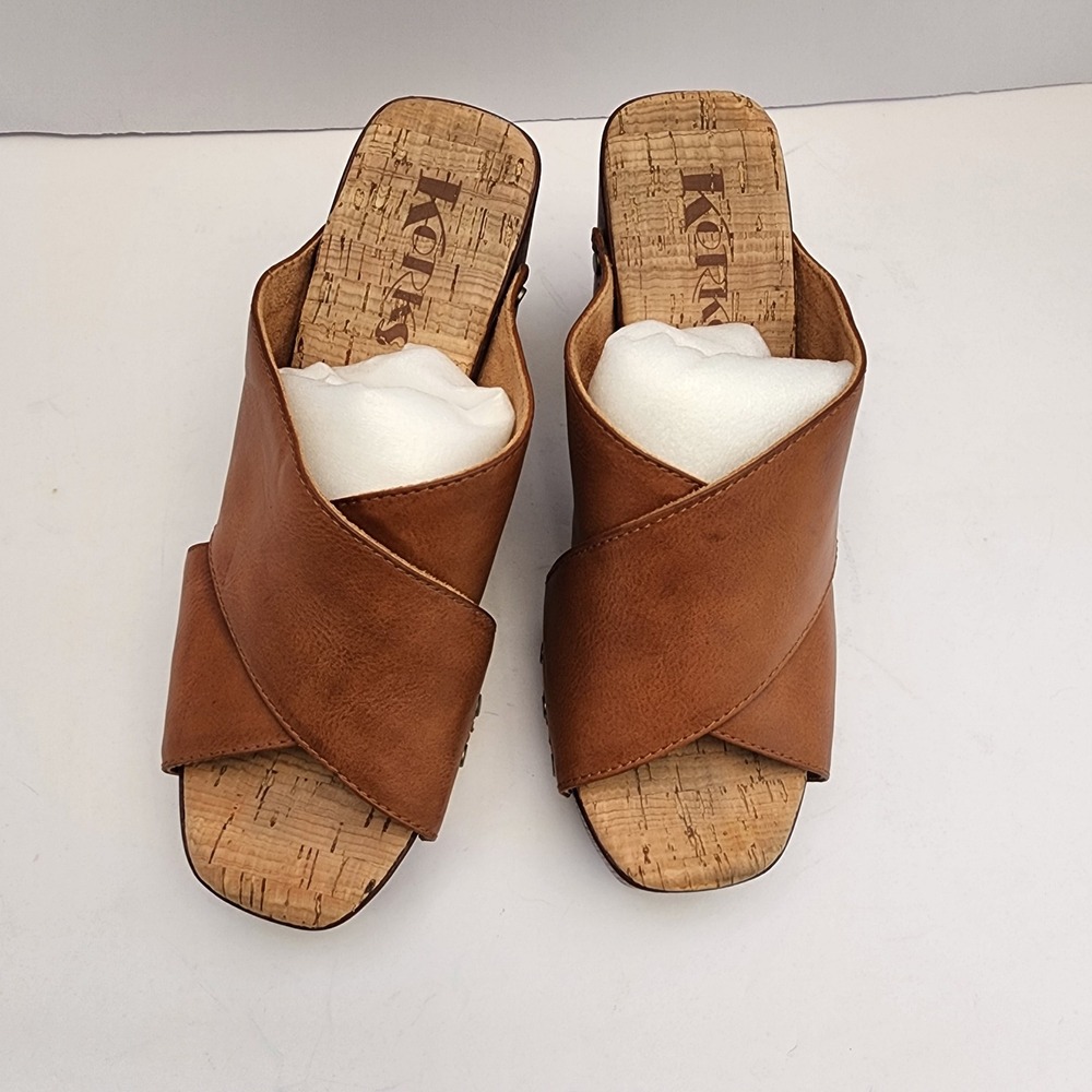 Korks Tan Crossover Studded Platform Clog Sandals Wood Block Heel Retro Boho Sz6